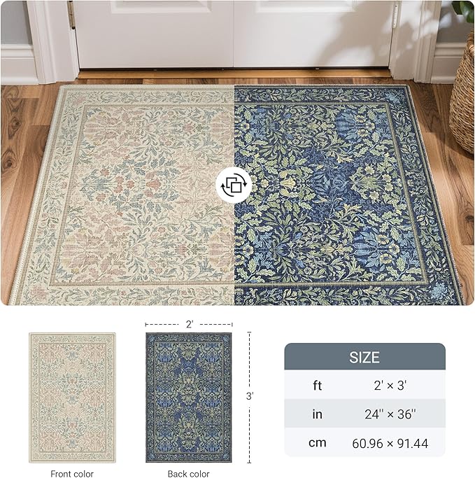 GENIMO Washable Small Reversible Rug 2x3, Low-Pile Non-Slip Kitchen Mat, Small Entryway Rug for Front Door Entrance, Hallway, Bathroom, Vintage Boho Floral Indoor Decor, Beige/Navy