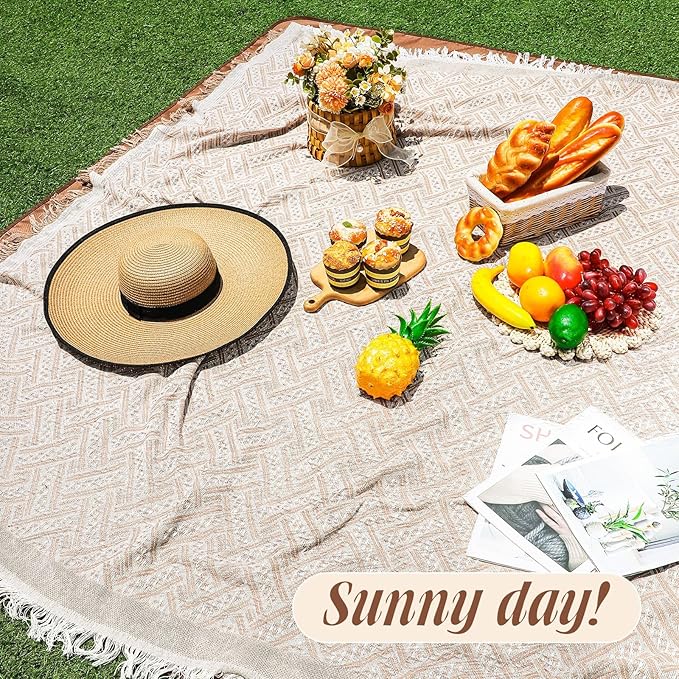 VitalCozy Waterproof Picnic Blankets 71×71 inch Outdoor Blanket Foldable 2 in 1 Double Layer Sandproof Beach Mat with Carry Strap for Camping Lawn Park Beach Grass(Khaki)