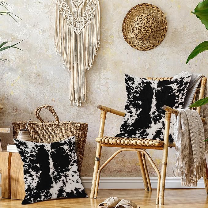 Cowhide Print Pillow Covers 22X22 Inch Black White Cow Spots Decorative Square Pillow Cases Set of 2 Farmhouse Western Home Decor Cotton Linen Throw Pillows For Bedroom Sofa Couch Porch Outdoor