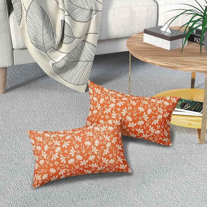 Orange Pillow Covers 12x20 Set of 2 Vintage Floral Rustic Old Style Cute Flower Print Rectangle Decorative Outdoor Pillowcases Seasonal Farmhouse Throw Cushion Case Couch Sofa Bed Decor