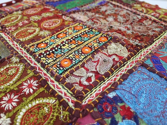 Mam Treasures Indian Bohemian Decorative Pillow Vintage Cushion Cover Patchwork Square Floor Pillow Cover Meditation Cushion Large Floor Pillow Indian Cushion (Brown, 22 X 22 X 5 Inch)