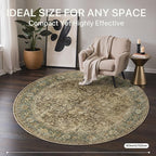 Bavni Round Rug 5ft-Machine Washable Area Rugs Non-Slip for Bedroom, 5x5 Vintage Floral Rug Distressed Throw Carpet for Living Room Nursery Kitchen Bathroom, Green