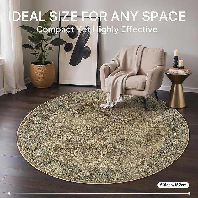 Bavni Round Rug 5ft-Machine Washable Area Rugs Non-Slip for Bedroom, 5x5 Vintage Floral Rug Distressed Throw Carpet for Living Room Nursery Kitchen Bathroom, Green