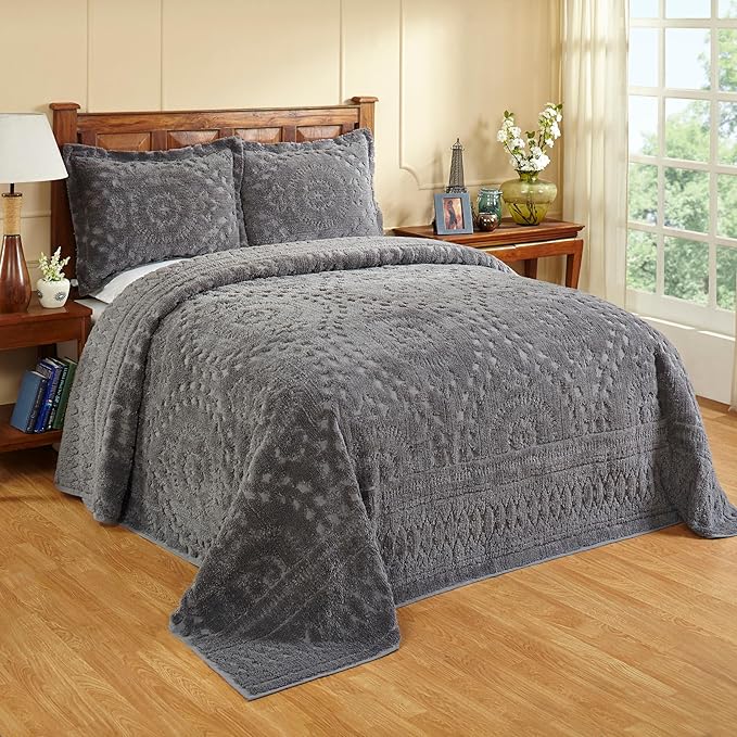 Better Trends Chenille Bedspread Set 3 Pieces Gray 100% Cotton King Size Bedspread Medallion Pattern 2 King Shams Luxurious Feel Perfect for Gifting All Seasons, Machine Washable, Rio Collection