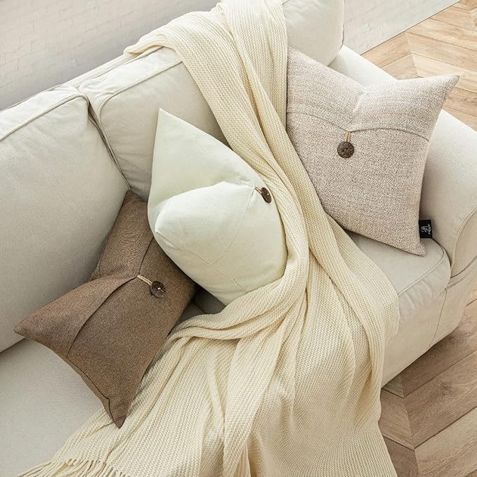 Phantoscope Pack of 2 Farmhouse Throw Pillow Covers Premium Coconut Button Vintage Linen Solid Decorative Pillow Cover for Couch Bed and Chair Off White 12 x 20 inches 30 x 50 cm