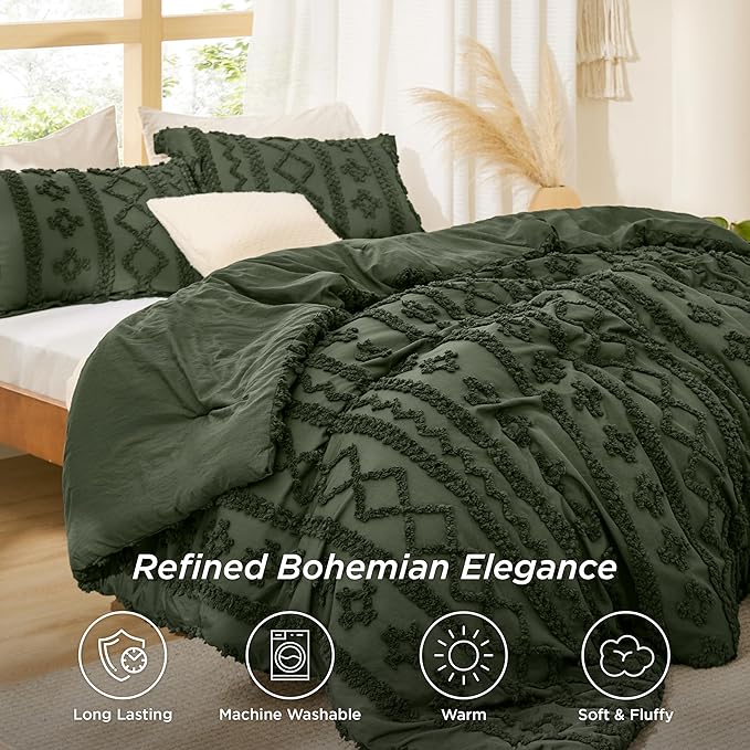 Bedsure Tufted Boho Comforter Set Full Size - Olive Green Boho Bed Set, GentleSoft™ 3 Pieces Farmhouse Shabby Chic Embroidery Bedding, Gifts for Woman, Soft Jacquard Full Comforter for All Seasons