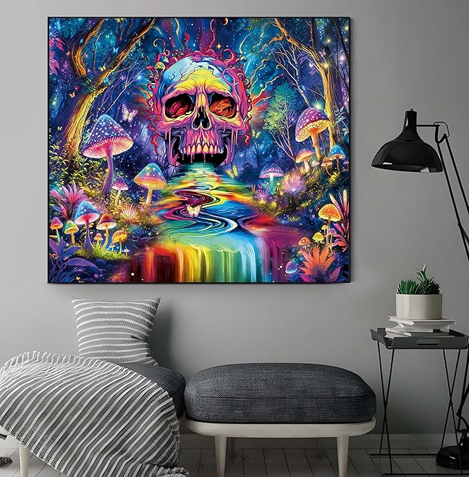 Skull Mushroom Tapestry Magical Forest Tapestries Butterfly Wall Tapestry Magic Neon River Wall Hanging Galaxy Planet Tapestries for Home Decor Aesthetic Bedroom Living Room Dorm Decor (59"x51")