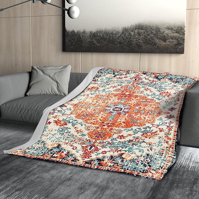 Orange Blue Boho Blanket Soft Flannel Lightweight Rust Teal Bohemian Throw Blanket Cozy Warm Vintage Aztec Carpet Blankets All Seasons Living Room Decor for Couch Chair Bed Sofa Office 60x80 inch
