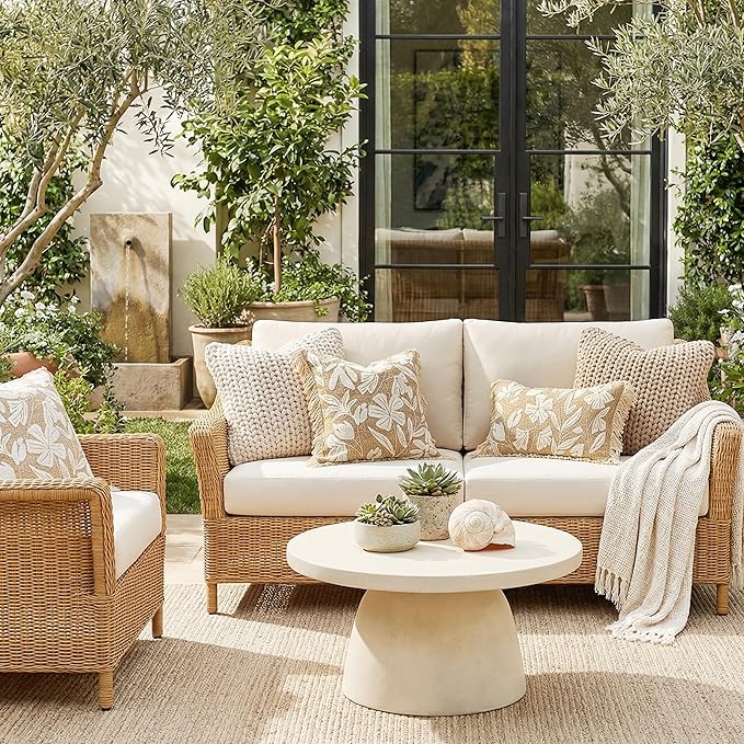 BlissBlush Jute Decorative Spring Accent Lumbar Throw Pillow Cover 12X20, Neutral Floral Farmhouse Textured Pillowcase for Couch Sofa Living Room,Outdoor Lounge(Cover Only)