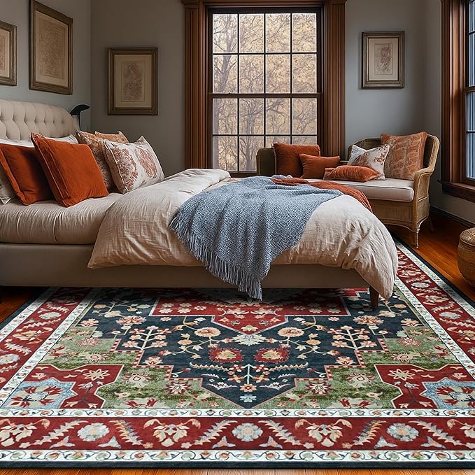 YJ.GWL Area Rugs for Living Room 8x10 Machine Washable Rugs, Non Slip Floral Vintage Rug Indoor Carpet, Stain Resistant Large Rug for Bedroom Dining Room, Red Green