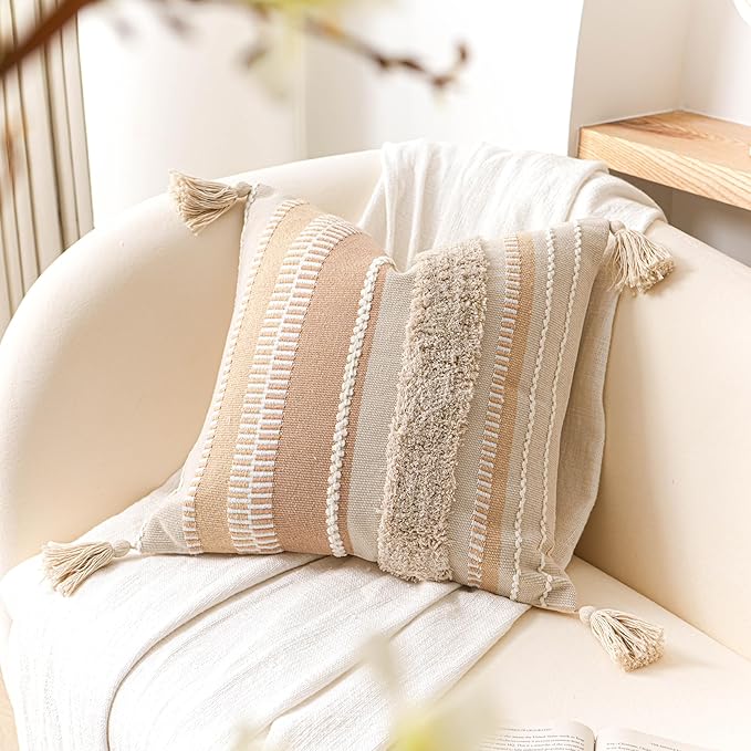 BlissBlush Decorative Throw Pillow Cover 20x20, Neutral Cream Boho Accent Pillowcase with Tufted Texture and Tassels, Beige Square Cushion for Sofa Couch Living Room (Cover Only)