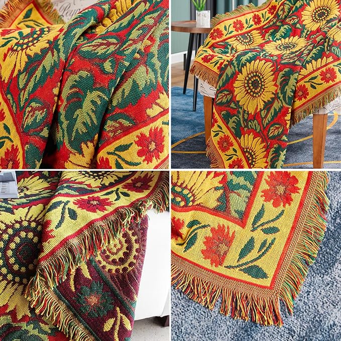Red Sunflower Throw Blanket with Fringe Boho Throw Blankets Recliner Chair Couch Sofa Cover Woven Reversible Cotton Bohemian Tapestry Hippie Room Home Decor Double Side 70"x90"
