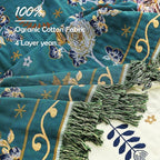 Boho 100% Organic Cotton Muslin Large Throw Blanket 60" x 80" - All Season Rustic Ultra Soft Breathable Floral Bird Blanket for Bed Sofa Couch Chair Bedspread Quilt Gift,-Teal/Green