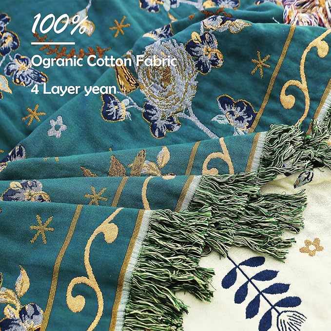 Boho 100% Organic Cotton Muslin Large Throw Blanket 60" x 80" - All Season Rustic Ultra Soft Breathable Floral Bird Blanket for Bed Sofa Couch Chair Bedspread Quilt Gift,-Teal/Green
