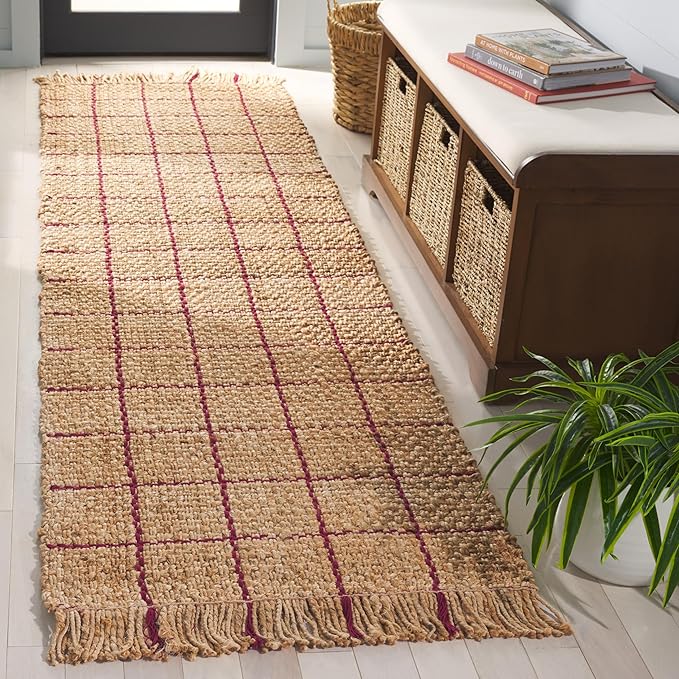 SAFAVIEH Natural Fiber Collection Area Rug - 2'3" x 8' Runner, Natural & Wine, Handmade Jute, Ideal for Living Room, Hallway, Foyer, Entryway, Bedroom (NF602S)