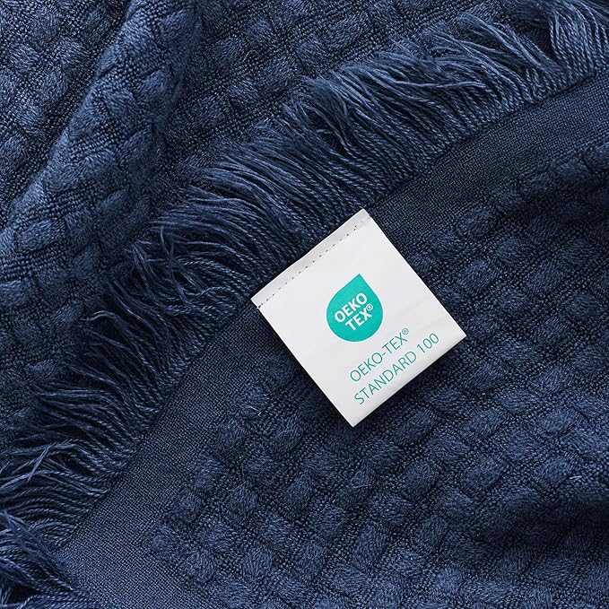 Exclusivo Mezcla Twin Size Knit Blanket with Fringes for Bed, Reversible Super Soft and Warm Woven Boho Throw for All Season, Home Decor, 60"x80", Navy Blue
