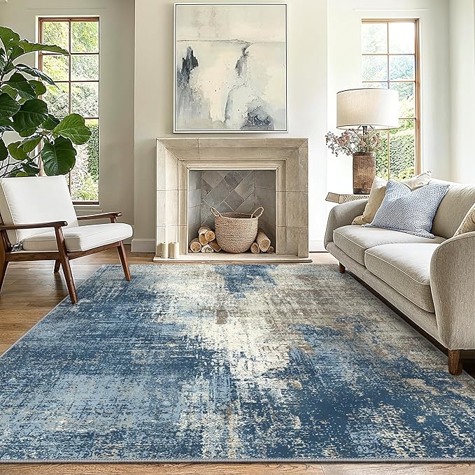 GENIMO Washable Area Rugs for Living Room, 9x12 Modern Non Slip Rugs, Low Pile Lightweight Soft Print Rug for Bedroom, Dining Room, Home Office, Washed Slate Blue
