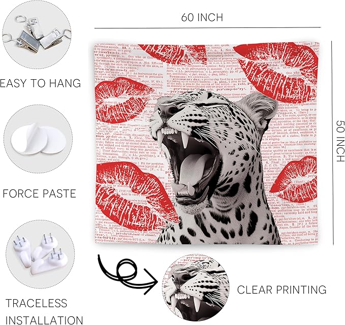 WNAGT Retro Trendy Leopard Tapestry Wall Hanging, Cheetah Leopard Room Decor, Vintage Funky Cheetah Print Lips Wall Blanket Decor for Girls Bedroom Dorm Apartment Home, 50x60 Inch(Red)