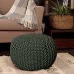 REDEARTH · Round Hand Knitted Pouf - Foot Stool Bean Bag Ottoman - Cord Boho Pouffe - Poof Accent Beanbag Footrest for Living Room - Bedroom - Patio - Lounge (19.5"x19.5"x14") - Olive, Set of 2