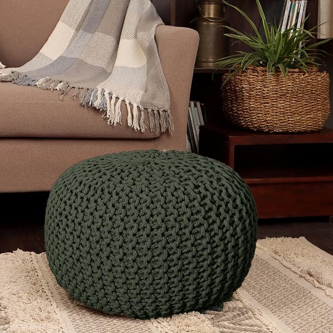 REDEARTH · Round Hand Knitted Pouf - Foot Stool Bean Bag Ottoman - Cord Boho Pouffe - Poof Accent Beanbag Footrest for Living Room - Bedroom - Patio - Lounge (19.5"x19.5"x14") - Olive, Set of 2