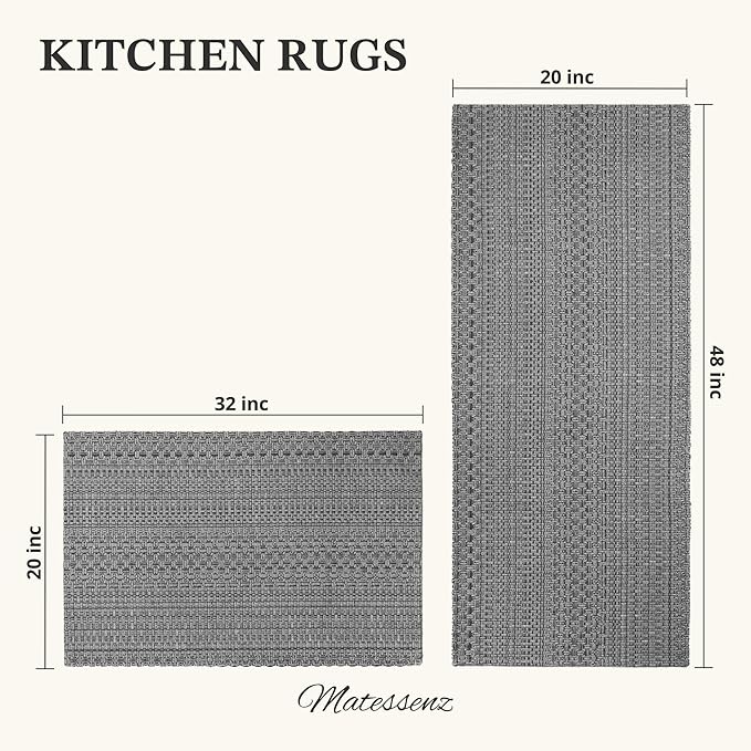 Kitchen Rugs, Kitchen Mats for Floor, Machine Washable Rugs 20"x30"+20"x48" Boho Style, Anti-Skid TPR Backing for Kitchen, Laundry, Durable, Easy Clean Spring & Everyday Use - Grey