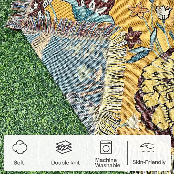 Snycler Boho Throw Blanket for Bed 50 * 60inch Woven Blanket Cotton Polyester Farmhouse Decor for Indoor Outdoor Sofa Bedroom Garden，All Season(Yellow)