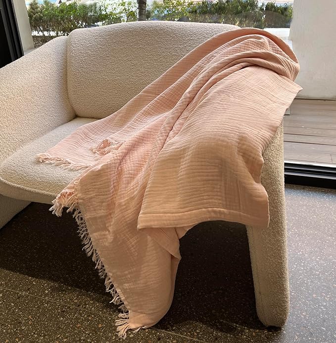 KyraHome 100% Organic Cotton Fall Throw Blankets for Adults, Girls, 60"x80", Plant Dyed, Breathable Lightweight Gauze Large Muslin Blankets for Women, Kids, Napping, All Season (Soft Pink)