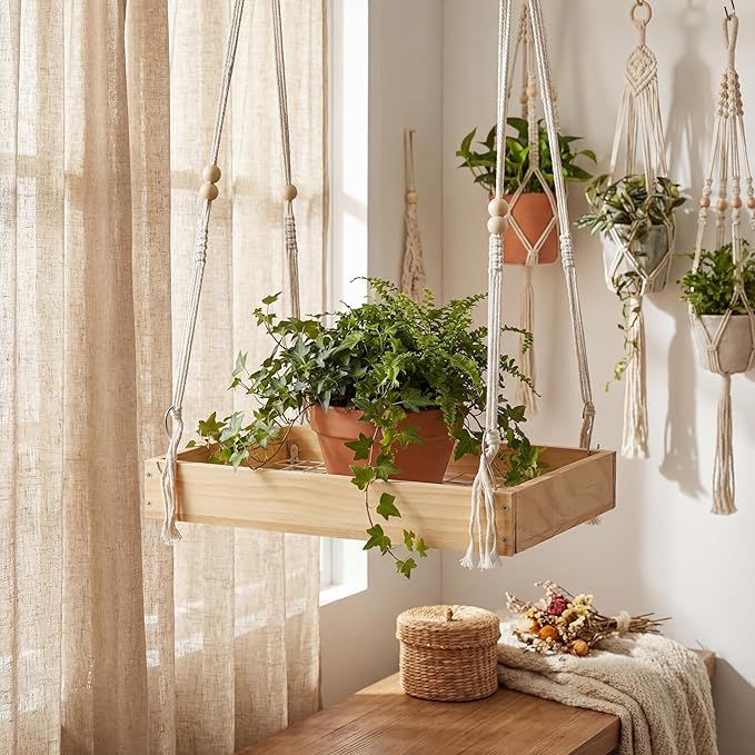 Novabright 1 Pcs Window Hanging Plant Shelf with Macrame Adjustable Rope, 16" Large Wooden Plant Hanger Indoor with Metal Frame, Load 50lb, Suit for Window Ceiling Wall Mount Boho Decor