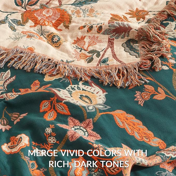 Boho Throw Blanket for Couch Sofa Bed, 100% Cotton Woven Quilt with Tassel 60”x80”, Super Soft Muslin Blanket with Floral Printed, Decorative Reversible Bed Blanket/Cover for All Seasons