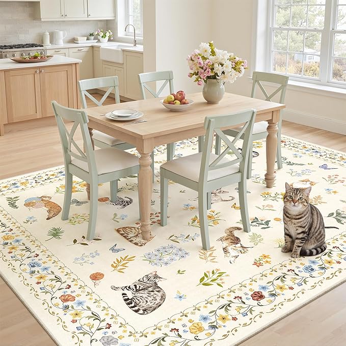 Cat 6x9 Area Rugs for Living Room, Machine Washable Animal Floral Vintage Rug Non-Slip Low Pile Soft Throw Rugs for Bedroom Dining Room Kitchen Nursery Playroom (6 x 9,Beige)