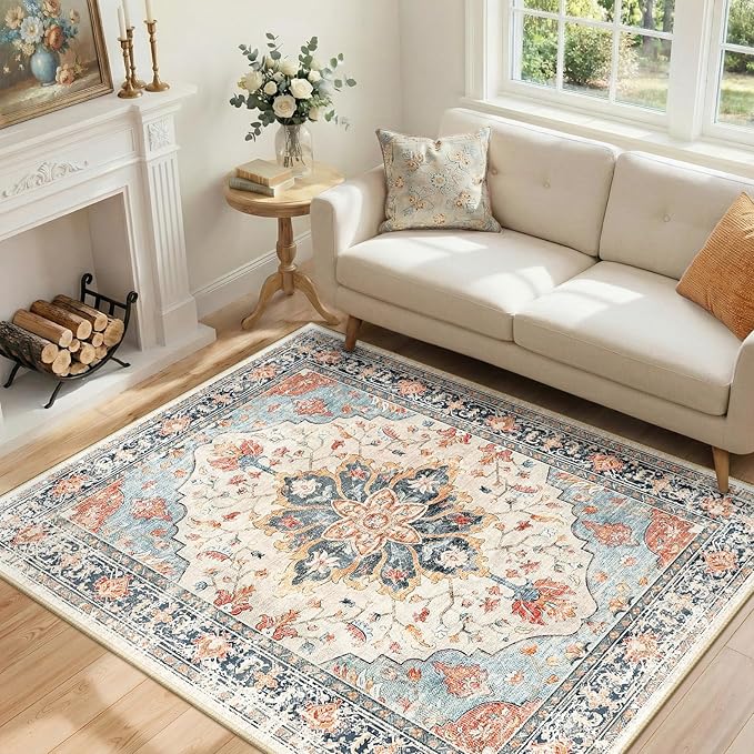 Area Rugs 4'x6' Washable Non-Slip, Floral Vintage Distress Print Pattern Medallion Carpet for Living Room Bedroom Dining Room, Beige Navy Blue Orange Colorful