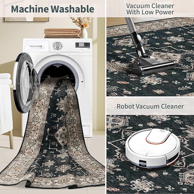 Area Rugs for Living Room Bedroom, Washable Rug, Black Vintage Floral Boho Rug, Non Slip & Low Pile Faux Wool Accent Carpet for Indoor Dining Room, Kids Room and Office(Black 4x6ft)