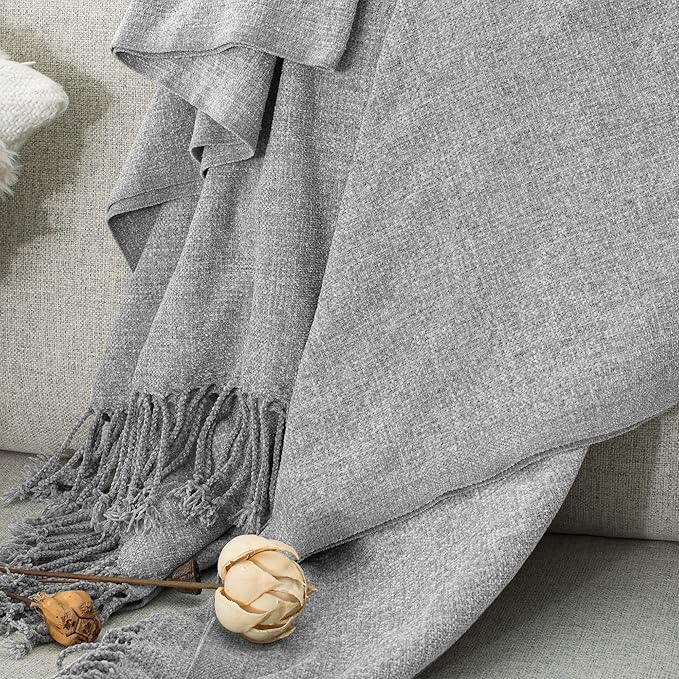 Chenille Throw Blanket for Couch with Tassels,60"X88" Soft Lightweight Knitted Boho Decorative Blankets for Bed and Sofa,Light Grey