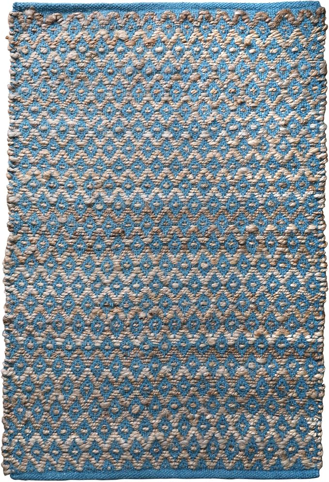 Jute Cotton Diamond Woven Rag Rug 2x3 Feet - Teal Natural, Reversible Small Soft Floor Décor Area Rugs Ideal for Entryway, Kitchen, Laundry Room | Boho Farmhouse Accent Sturdy Door Mat for Bedroom