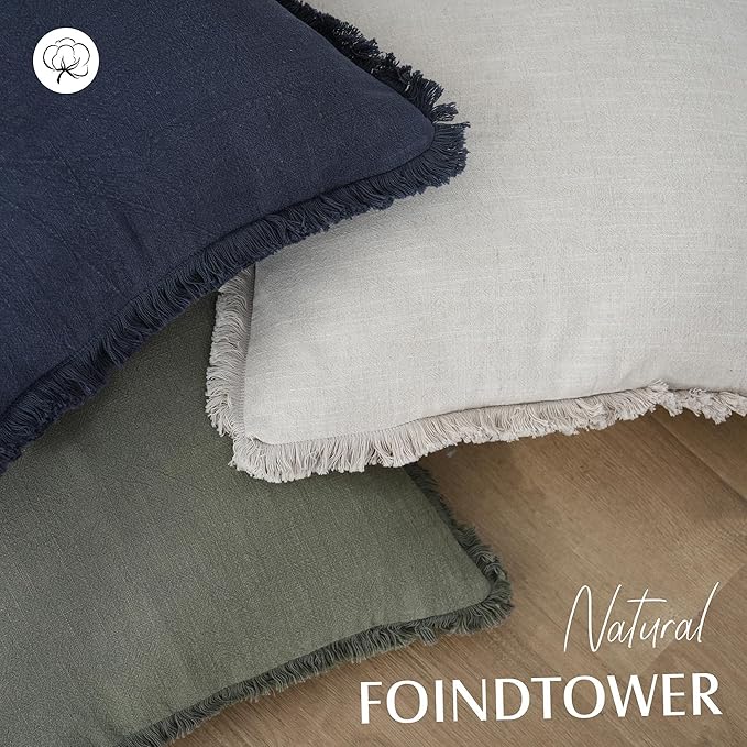Foindtower Set of 2 Decorative Linen Fringe Throw Pillow Covers Cozy Boho Farmhouse Cushion Cover with Tassels Soft Accent Pillowcase for Couch Sofa Bed Living Room Home Decor,18×18 Inch,Navy Blue