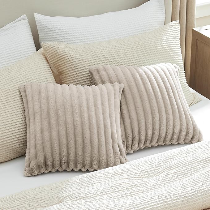 Bedsure Double-Side Striped Throw Pillow Covers 18x18 Set of 2, Spring Fluffy Linen Soft Decorative Pillow Covers, Home Decor for Couch Sofa Living Room Bedroom