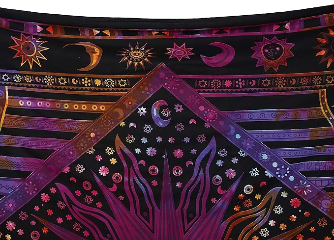 Popular Handicrafts Wall Hanging Tapestry For Bedroom Hippie Burning Sun and Moon Meditation Bohemian Hippy Psychedelic Design Indian Tapestries Bedspread54 x 60 Inches (140cm x 150cm) Multicolor Tie Dye