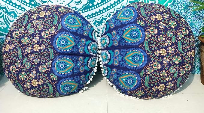 CRAFT KALA Mandala Floor Pillow Cushion Cover Seating Throw Cover Hippie Decorative Bohemian Ottoman Poufs Pom Pom Pillow Cases Boho Indian Cotton Living Room Home Décor 24" Round Set Of 2 Blue Mirchi