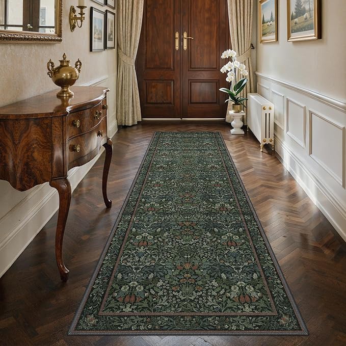 GENIMO Washable Floral Runner Rug 2x10, Non-Slip Long Hallway Carpet for Entryway, Kitchen, Indoor Floor Use, Vintage Boho Soft Thin Rug Décor, Dark Green