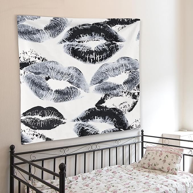 WNAGT Trendy Black and White Kiss Lips Tapestry Wall Hanging, Funky Makeup Wall Decor, Fashion Aesthetic Wall Blanket Decor for Girls Room College Dorm Makeup Room Beauty Room, 50x60 Inch