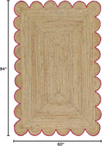 Scalloped Natural Jute Area Rug, Pink Trim, 5'x7'