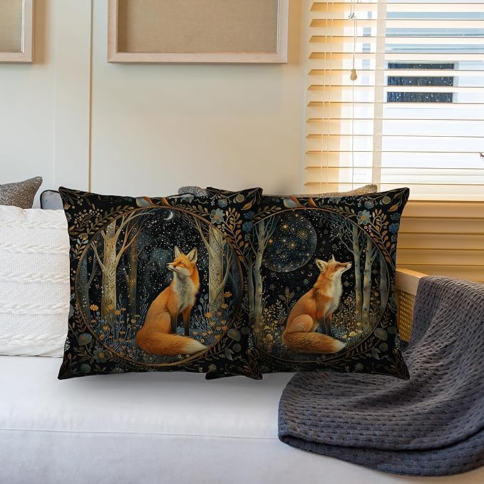 Vintage Dark William Morris Fox Floral Print Pillow Covers 18x18 Set of 2,Cottagecore Fox Decor,Dark Dcademia Animal Floral Decorative Throw Pillow Covers for Home Bedroom Living Room