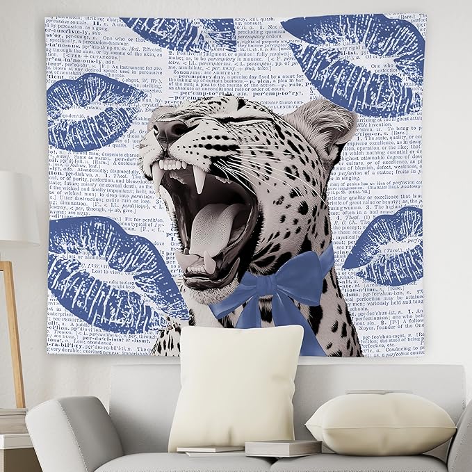 WNAGT Retro Trendy Leopard Tapestry Wall Hanging, Cheetah Leopard Room Decor, Vintage Funky Cheetah Print Lips Wall Blanket Decor for Girls Bedroom Dorm Apartment Home, 50x60 Inch(Blue)