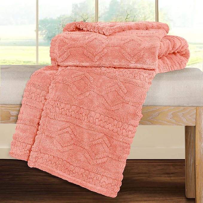 Superior Fleece Boho Jacquard Blanket, Decorative Blankets for Bedroom, Sofa, Fuzzy, Plush, Fluffy, Soft, Cute Room Decor, Beautiful Cover, Comfort Essentials, Arctic Collection, Full/Queen, Blush