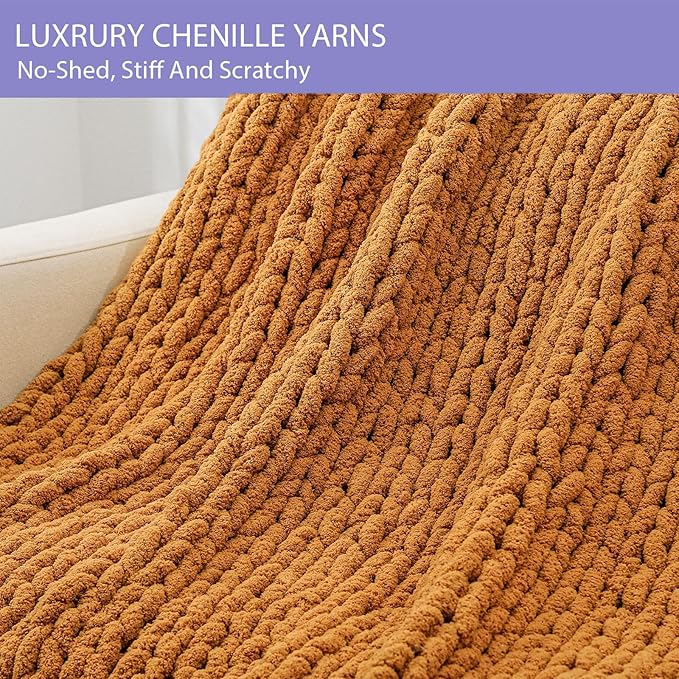 Bigacogo Chunky Knit Throw Blanket for Couch, 40x80 inches, 100% Hand Knitted with Thick Jumbo Chenille Yarn, Cozy Soft Large Rope Knot Cable Crochet Blankets for Sofa Bed Living Room, Burnt Orange