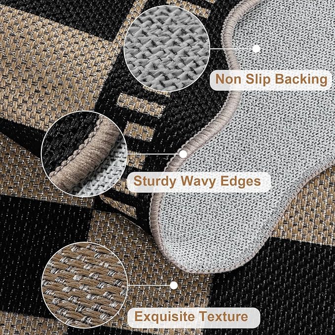Checkered Easy Jute Entryway Rug, 2x3 Washable Non Slip Kitchen Rug, Indoor Outdoor Door Mat, Farmhouse Low Pile Floor Black Rugs for Porch Doorway