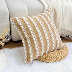 18x18 Boho Pillow Cover - Chenille Tufted Decorative Throw Pillow Cover Velvet Backing, Farmhouse Striped Square Accent Pillow Case for Sofa, Couch, Bedroom, Living Room, Dark Khaki, White