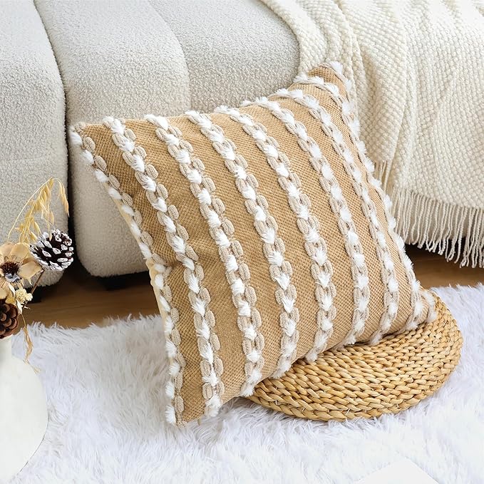 18x18 Boho Pillow Cover - Chenille Tufted Decorative Throw Pillow Cover Velvet Backing, Farmhouse Striped Square Accent Pillow Case for Sofa, Couch, Bedroom, Living Room, Dark Khaki, White