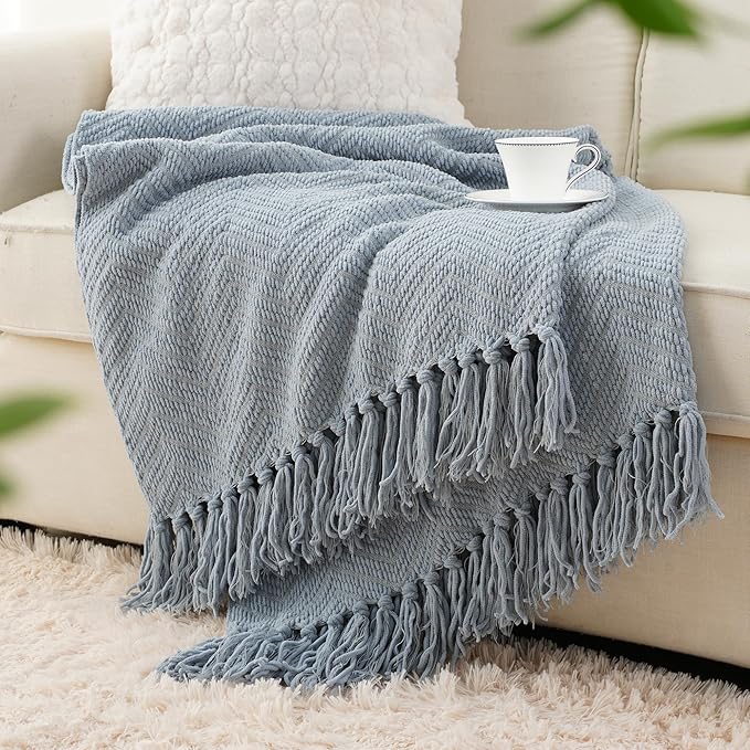 BATTILO HOME Bluish Grey Chenille Throw Blanket for Couch, Knit Throw Blanket,Super Soft Warm Home Decor Throw Blanket with Tassels for Bed,Sofa and Living Room,60" x 80"