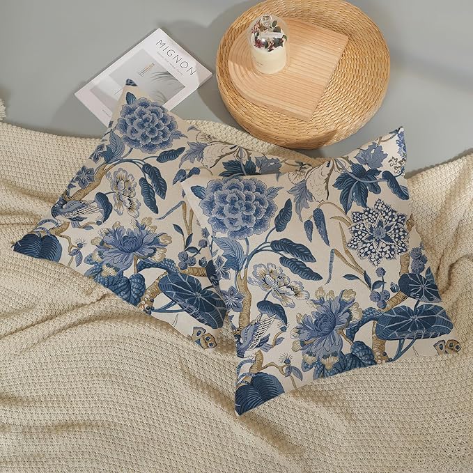 Blue Pillow Covers 16x16 Inch Set of 2 Vintage Blue Floral Throw Pillows Chinoiserie Flower Decorative Pillow Cases Outdoor Linen Farmhouse Cushion Cover for Couch Home Sofa Bed Decorations